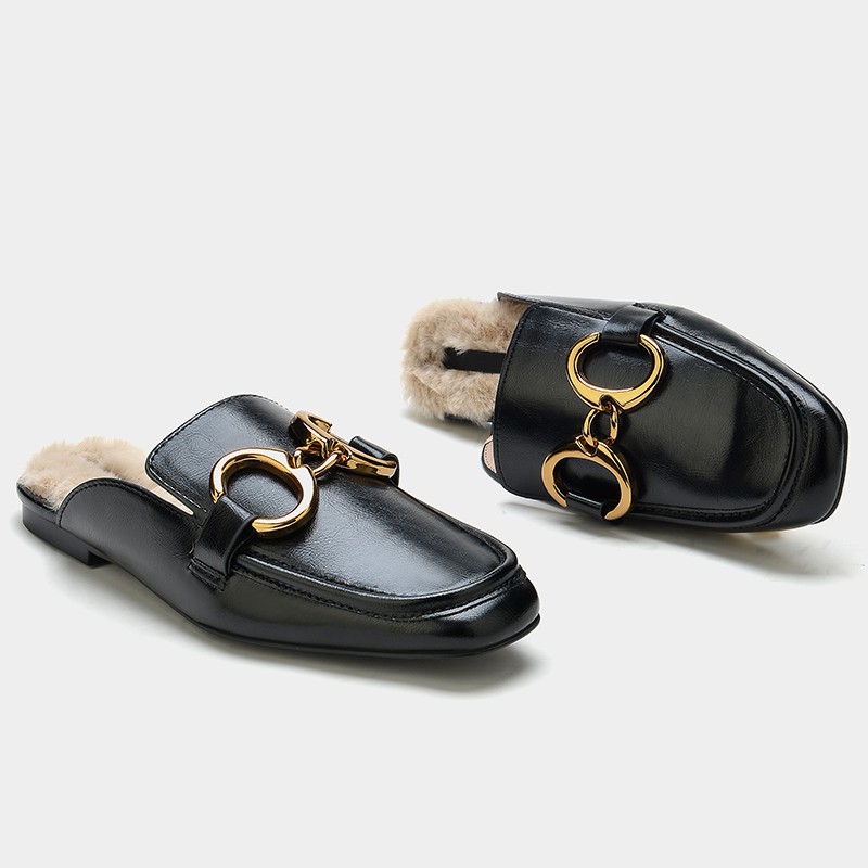 GIÀY DÉP SỤC DA ZARA XUẤT DƯ TUỒN NỮ MÀU ĐEN ĐẾ BỆT CÓ LÔNG