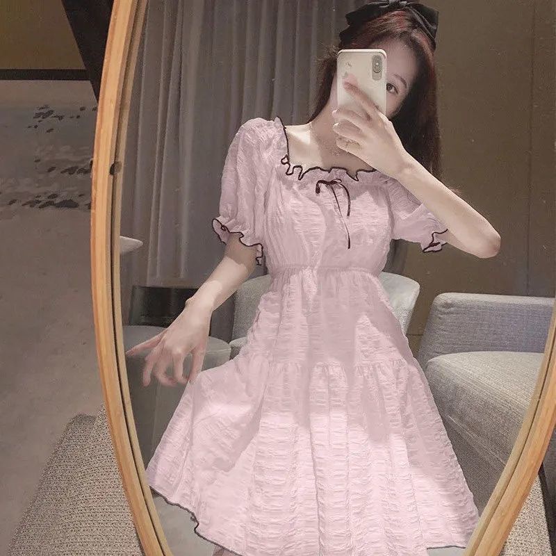 Đầm Chiffon Cổ Vuông Tay Phồng Họa Tiết Sọc Caro Phong Cách Pháp Hàng Mới 2022