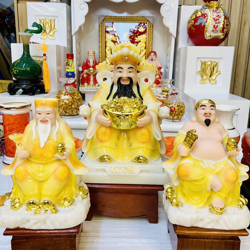 TƯỢNG THẦN TIỀN, THẦN TÀI, THẦN ĐỊA ĐÁ CAO CẤP, ÔNG TÀI ĐỊA MÀU CAM VÀNG SÁNG BÓNG ĐỀU MÀU 30CM - 20CM