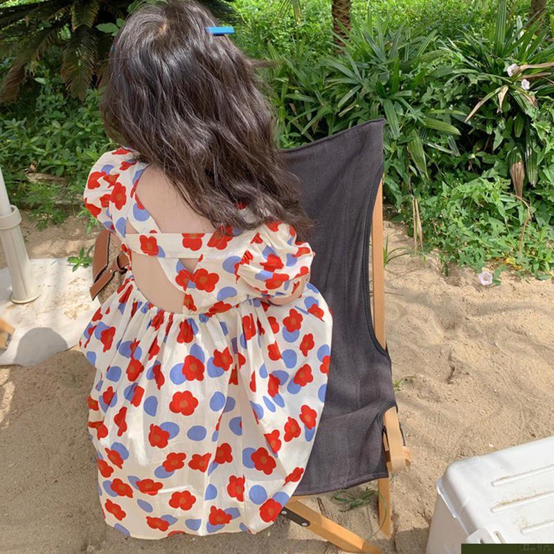 Đầm tay phồng hở lưng họa tiết hoa phong cách retro Hàn Quốc thời trang dễ thương cho bé gái