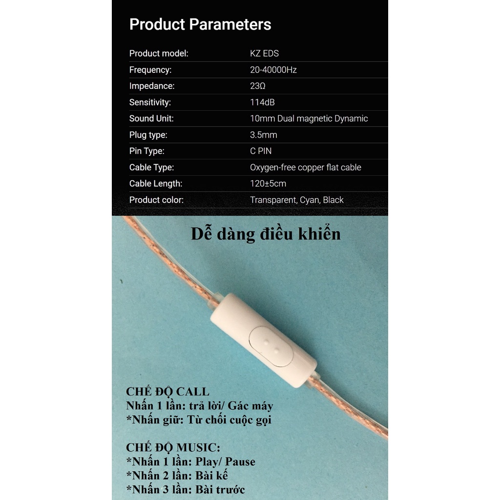 Tai nghe nhét tai chân cắm 3.5m hỗ trợ mic KZ EDS