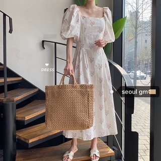 (ORDER) Váy cộc tay xòe dài cổ vuông tay phồng hoa nhí nhẹ nhàng vintage cổ tích