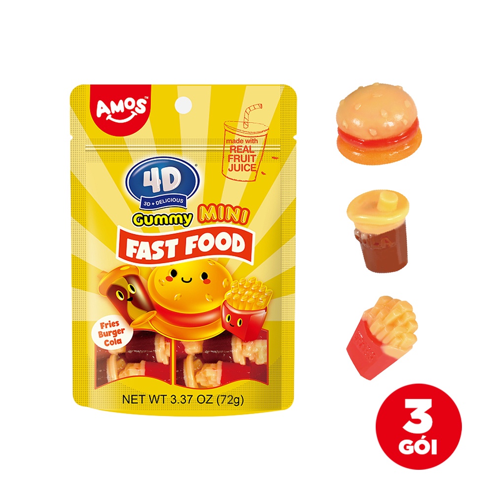 Combo 3 gói kẹo dẻo 4D Amos hình thức ăn nhanh gói 72g - Pudding, thạch &amp; kẹo  dẻo | CoopOnline.co