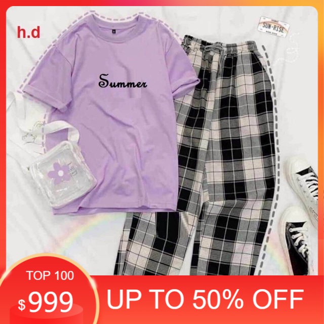 Sét áo Summer+ quần kẻ , áo thun nam nữ, quần khaki, quần nữ, sét bộ mặc ở nhà, áo thun tay dài - PANI MODY