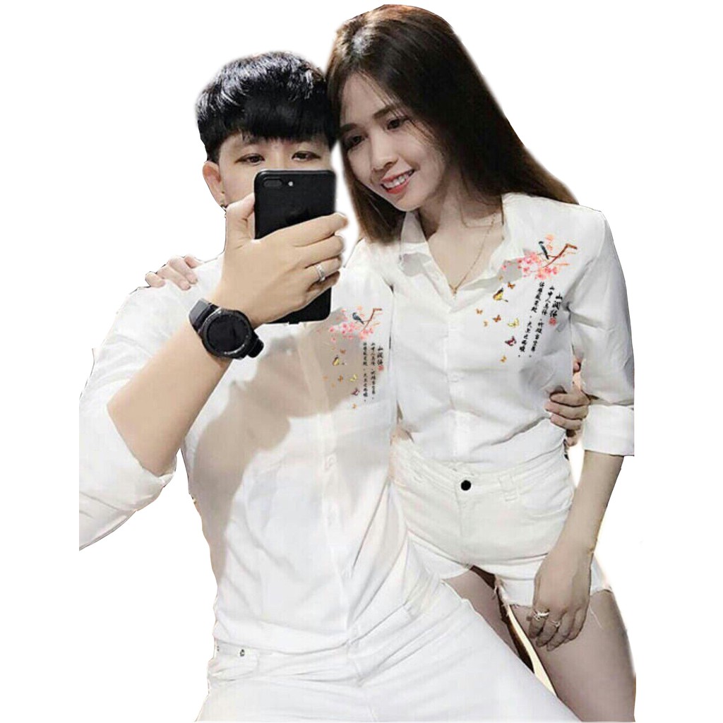 ÁOSơ Mi Nam CHẤT LỤA DÀI TAY PHONG CÁCH .Áo Sơ Mi Cặp Đôi Nam Nữ Cành Hoa Đào- Two