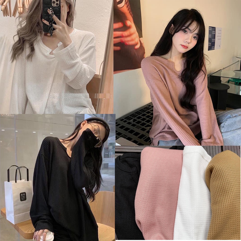 Áo len gạo dài tay cổ U xốp thụng AL8100, kiểu len tăm dài tay lanly chất mềm đẹp dáng ulzzang mặc đẹp style hàn quốc