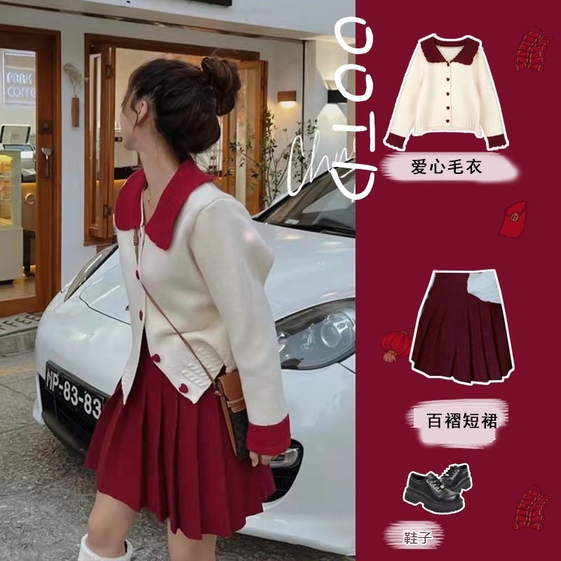 Set Áo Khoác Cardigan Và Chân Váy Xếp Ly Màu Đỏ Mừng Năm Mới Thời Trang Trẻ Trung Cho Nữ