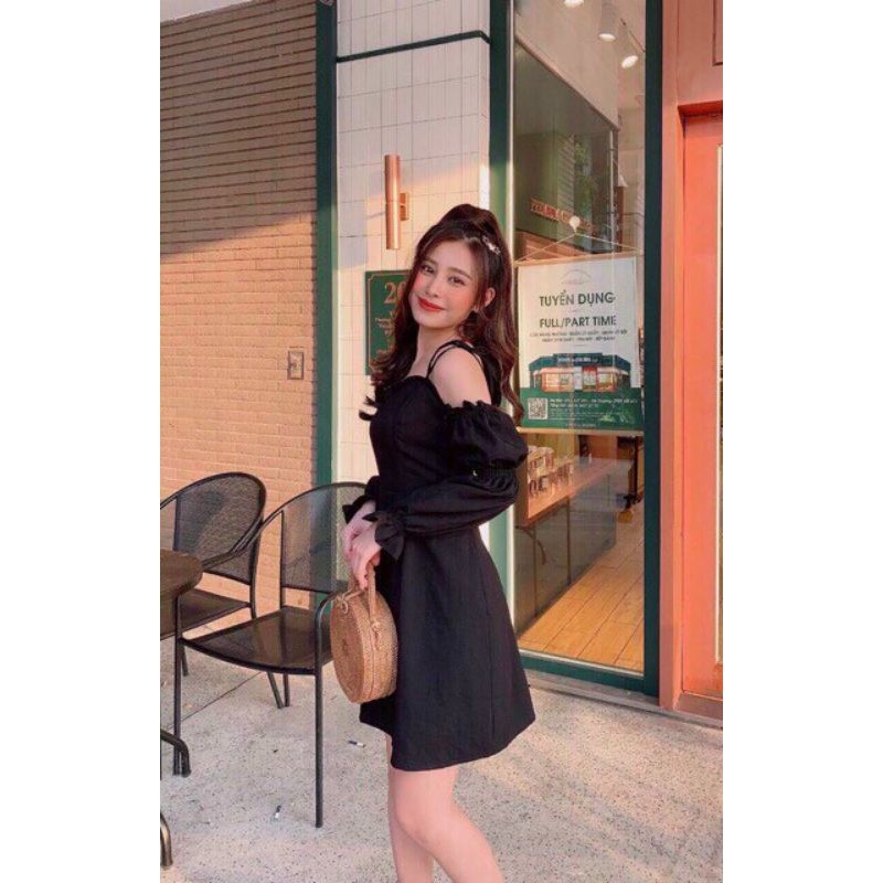 Đầm trễ vai hai dây tay phồng màu trắng/đen | BigBuy360 - bigbuy360.vn