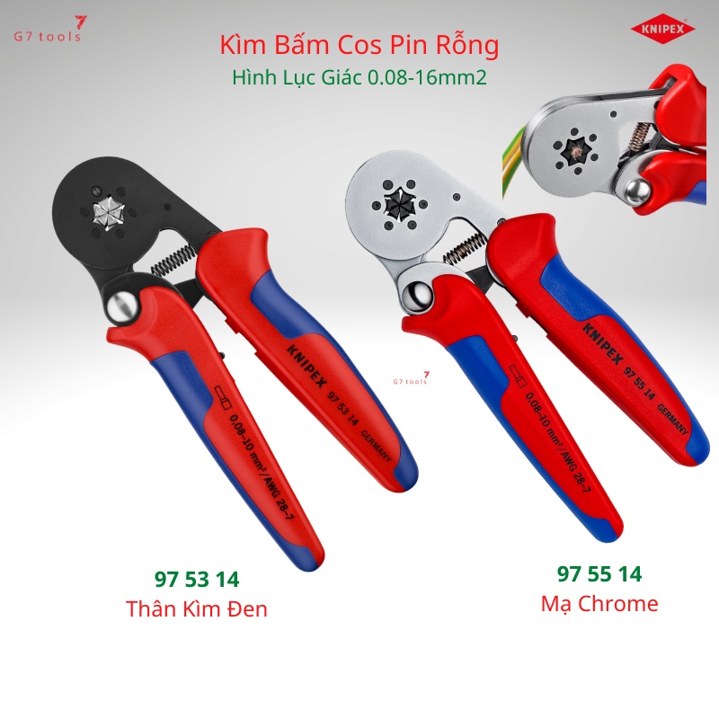 Kìm Bấm Cos Tròn Pin Rỗng Tiết Diện 0.08 – 16.0 mm² Knipex 97 53 14/ 97 55 14 SB G7Tools (Bản Nâng Cấp Năm 2022)