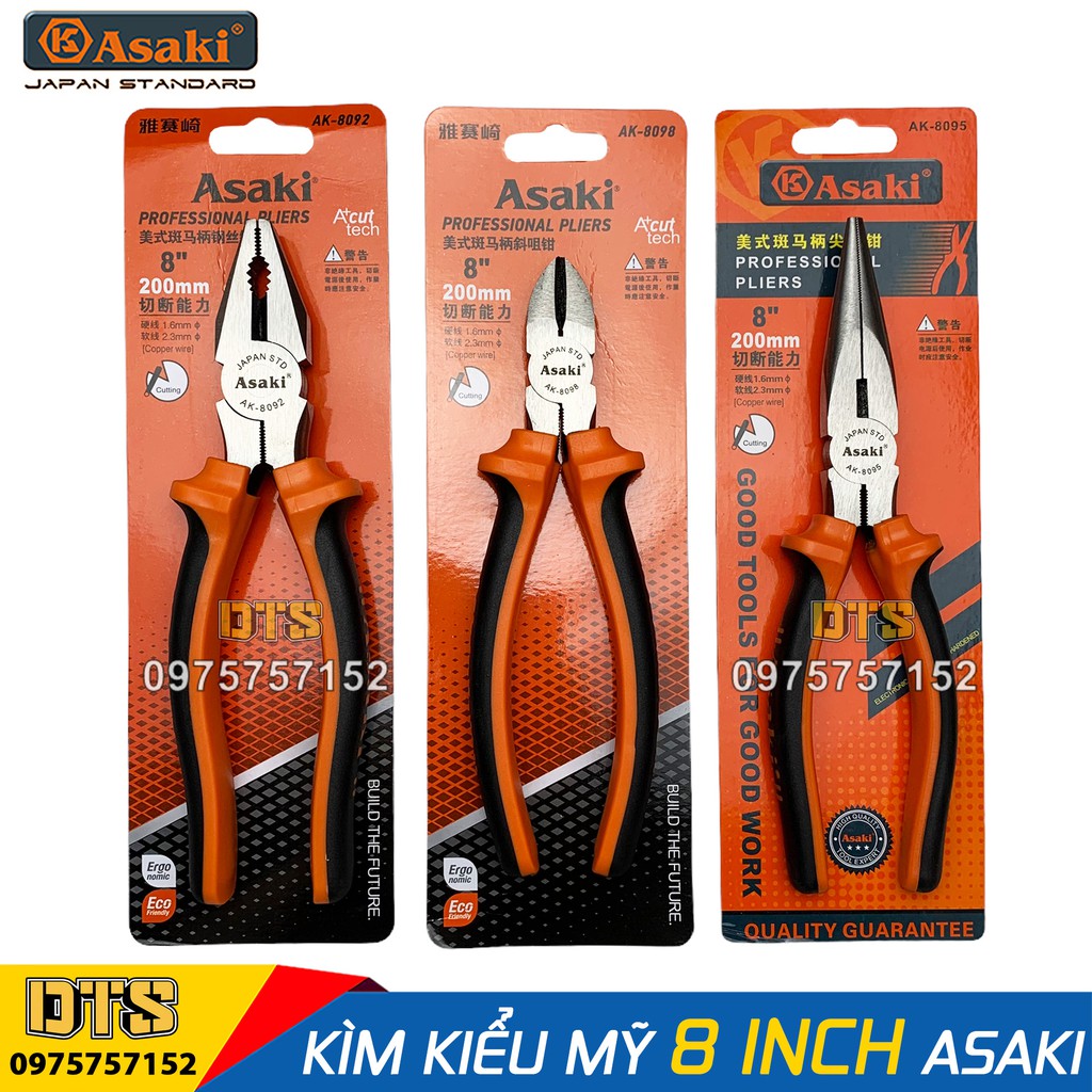 Kìm điện, kìm cắt, nhọn 8 inch kiểu Mỹ A+cut Tech Asaki JAPAN STD 200mm, thép High Carbon độ cứng cao