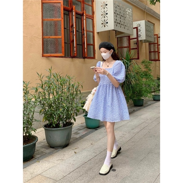 Váy đầm babydoll cổ vuông tay phồng tím hoa nhí dễ thương ulzzang Hàn Quốc [Yannie]