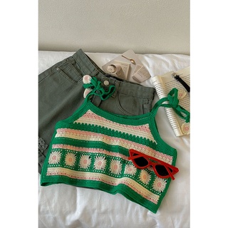   Order 🌿 Áo len crochet dệt kim 2 dây crotop cổ tròn dáng ngắn hoa lá ulzzang  