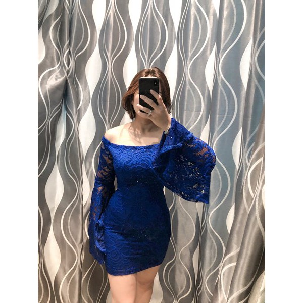 Đầm Body HONEY AND ROSIE Xanh Coban Trễ Vai Tay Ren Dài Loe Cổ Thuyền Bẹt Vai - Size S
