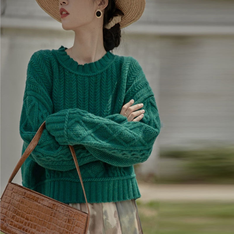 Áo sweater ngắn dáng rộng màu xanh lục thời trang cho nữ