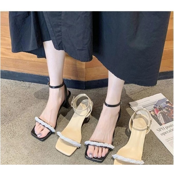 PAMELA - Sandal Nữ Cao Gót 5 phân Quai Bèo Đính Ngọc Xoắn Tiểu Thư 2021 - S