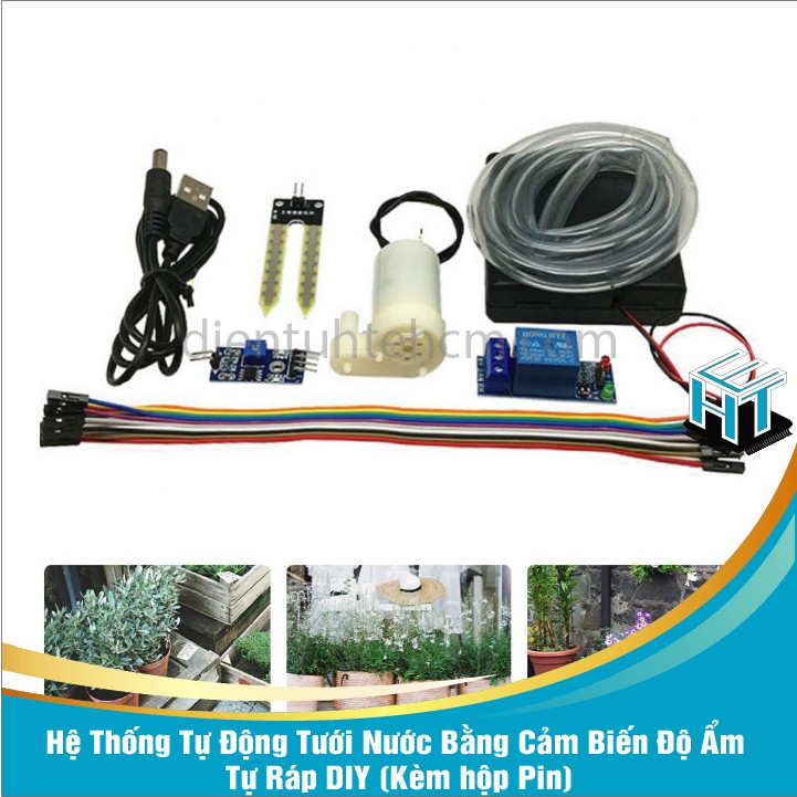 Bộ Combo Chế Hệ Thống Tự Động Tưới Nước Bằng Cảm Biến Độ Ẩm Tự Ráp DIY (Kèm hộp Pin)