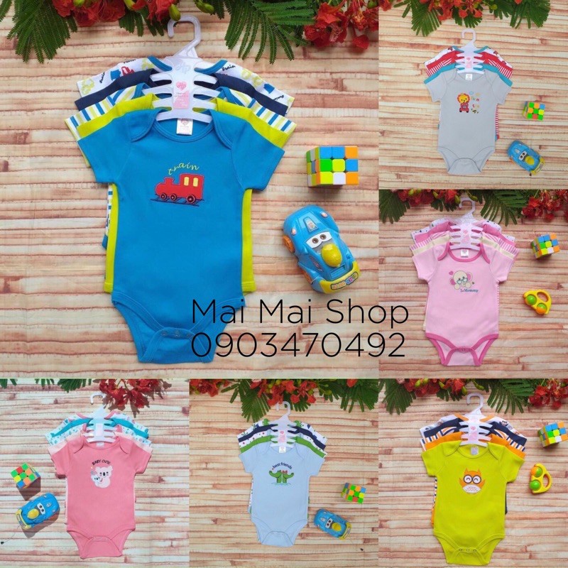 Set 5 body cộc tay kèm móc cho bé trai, bé gái 0-12 tháng- Chất cotton dày dặn