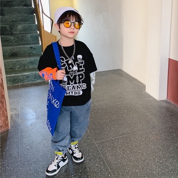 AB374 - Áo phông đen nối tay in chữ sz 100-150,  áo phông  bé trai, cotton, thiết kế thời trang thu đông 2022