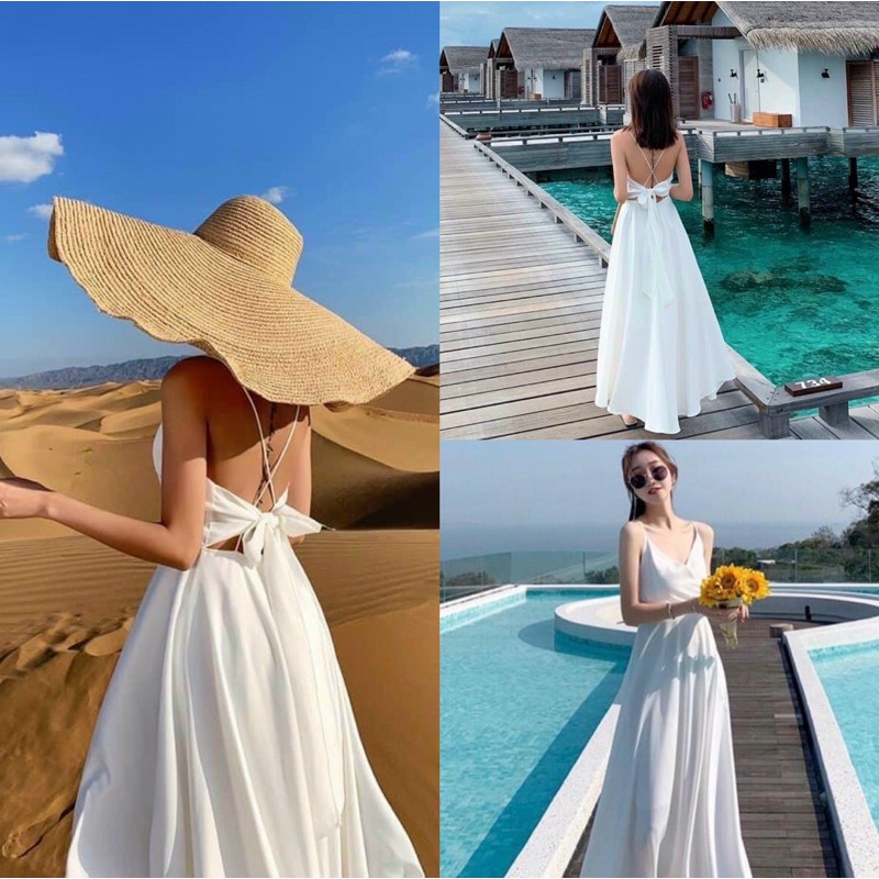 Đầm maxi trắng hở lưng cột nơ sẵn cúp ngực hàng loại 1 du lịch đi biển (Ảnh thật trãi sàn)