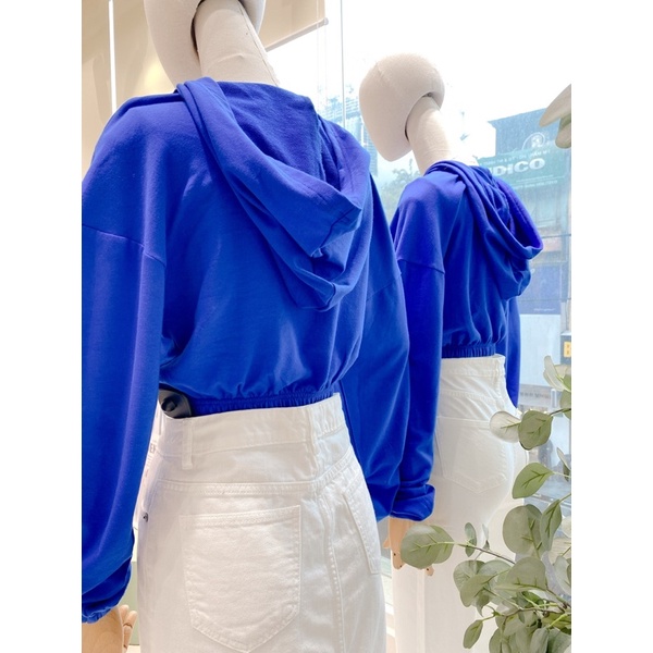 Áo croptop hoodie có mũ chất thun cotton eo bo thun in chữ nổi LA MIEU - JM26