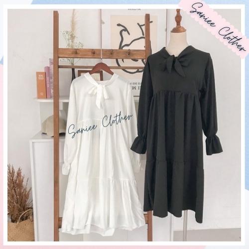 [Mã FAMARAL1 giảm 10K đơn 50K] Sét Váy Babydoll Cổ Nơ Phối Gile Dáng Rộng Chất Đũi Mềm Saniee Clother | BigBuy360 - bigbuy360.vn