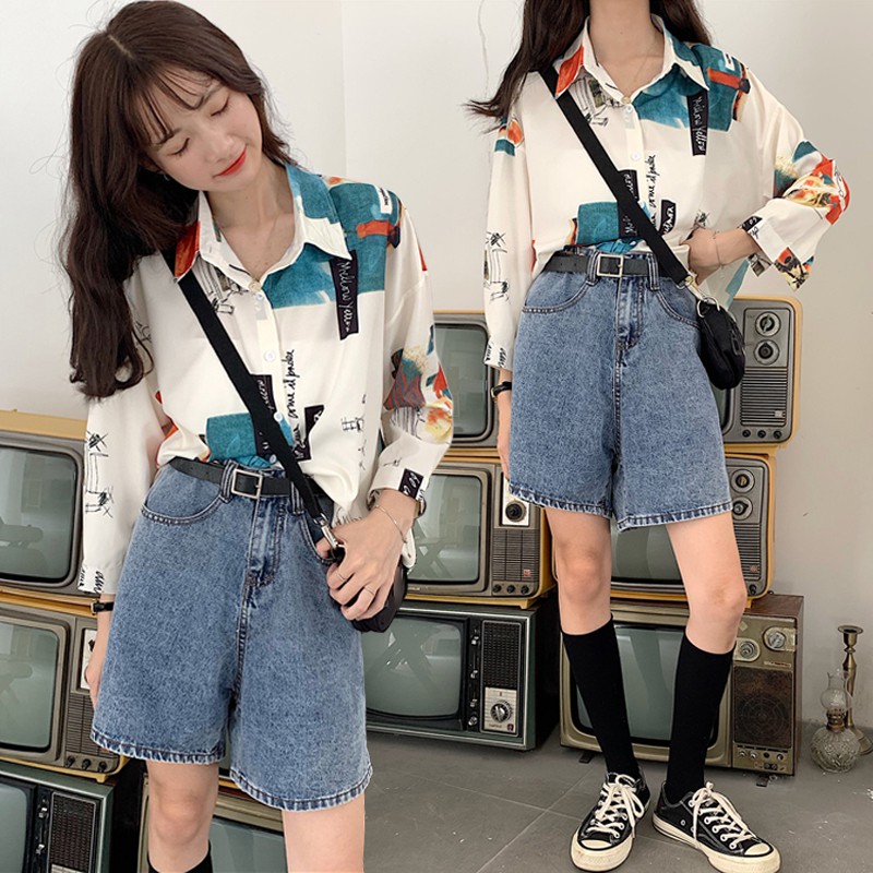 LEEVA - Áo sơ mi họa tiết dài tay cá tính ngày thường cho nữ: Hình dài