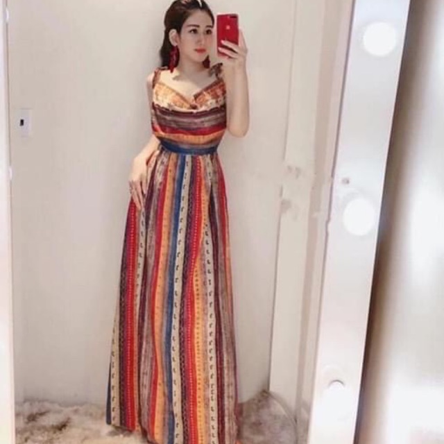 Đầm maxi sọc thổ Cẩm cổ đổ-125cm
