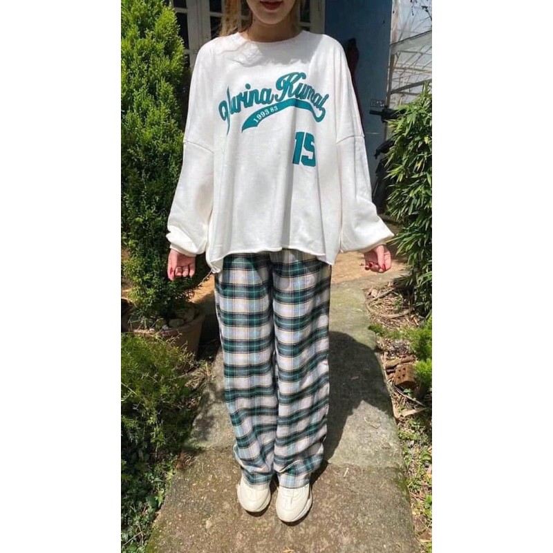 Sét áo tay bồng quần caro xanh phom to rộng HANA95 | BigBuy360 - bigbuy360.vn