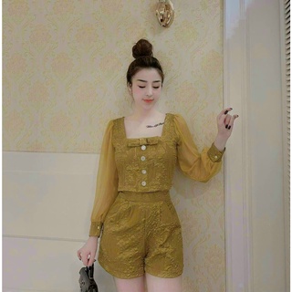 Set bộ đùi chất gấm tapta cổ vuông cài nút tay phồng phối voan cao cấp