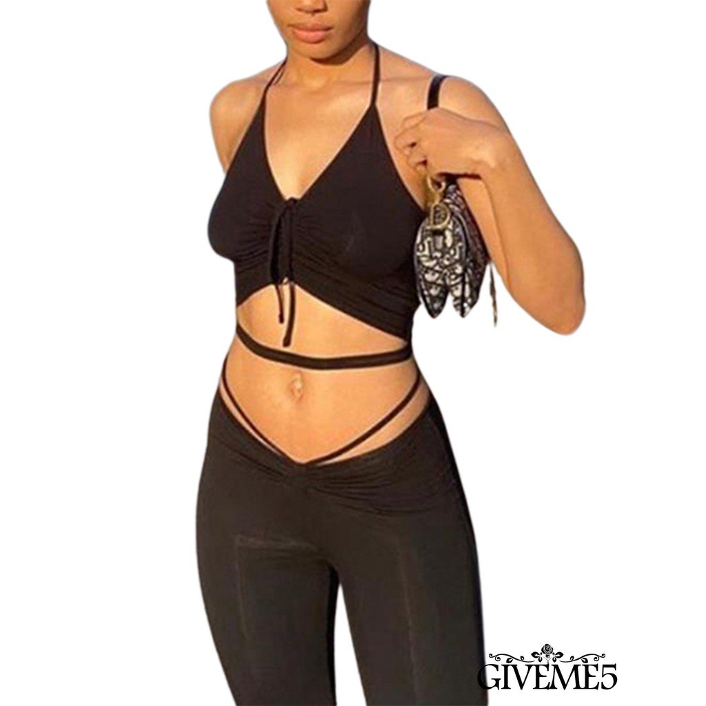 Set Áo Lửng Hai Dây Và Quần Dài Ống Loe Thời Trang Quyến Rũ Dành Cho Nữ