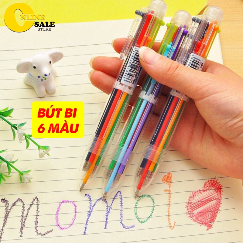 Bút bi viết 6 ngòi mực khác nhau viết êm tay mực xanh đậm, tím, đen, đỏ, cam, xanh lá