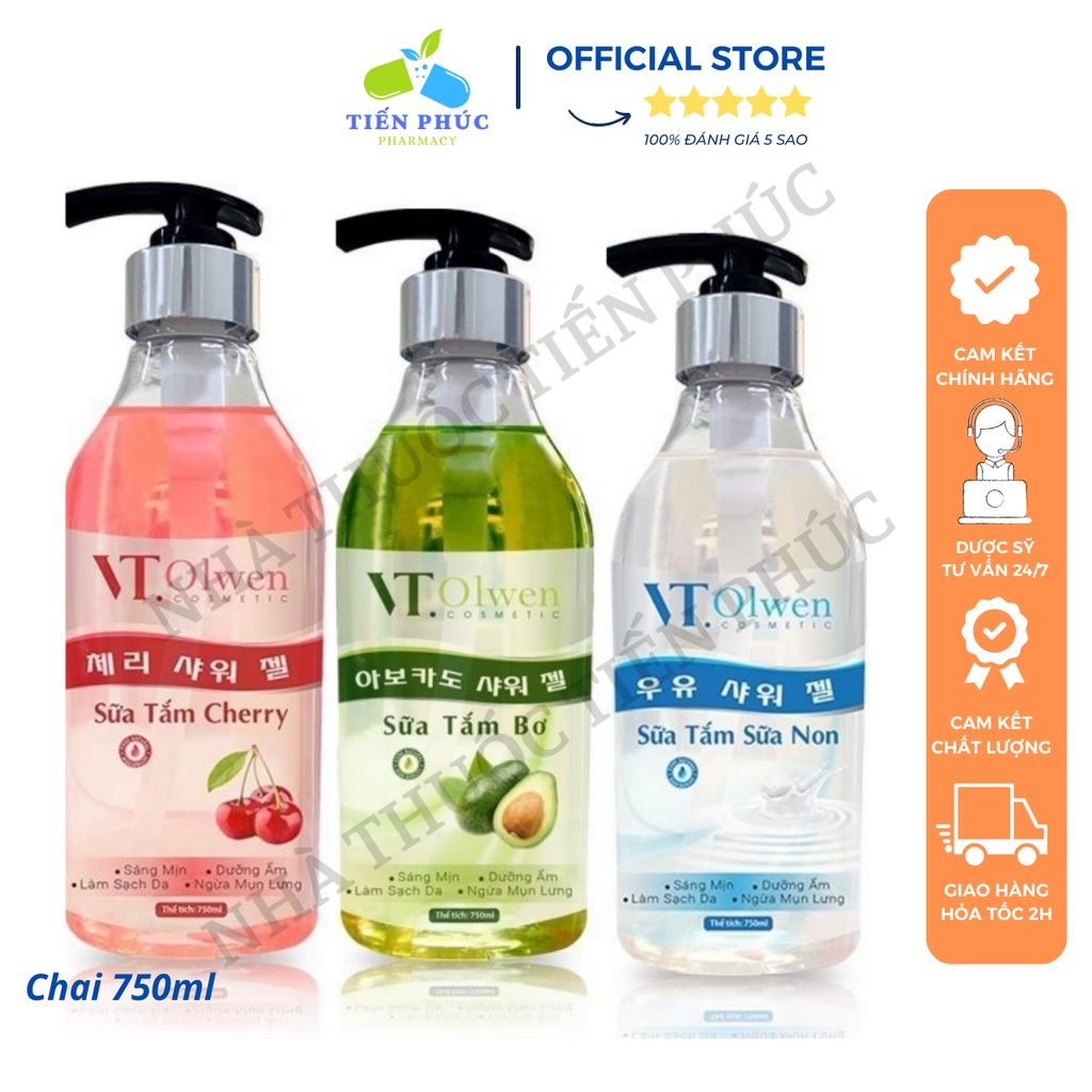 VT.OLwen - Sữa tắm sữa non, Sữa Tắm Bơ, Sữa Tắm  Chery (750ML), hương thơm dịu nhẹ, cung cấp độ ẩm cho da, mềm mại