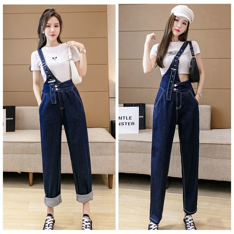 QuầN YếM Denim Phong CáCh HồNg KôNg MẫU MớI 2021 Vai Nữ QuầN ốNg đứNg ChíN đIểM RộNg RãI DáNg NgườI Nhỏ