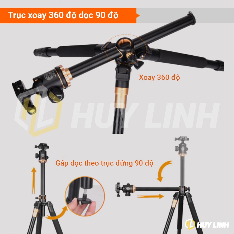 Chân máy ảnh Tripod Beike Q999H trục đứng vuông góc -  Có trục trượt ngang để chụp sản phẩm, quay phim