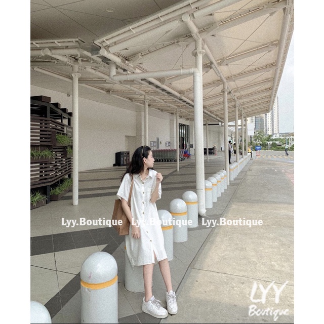 Váy sơ mi dáng ULZZANG đuôi tôm suông tay cộc chất đũi linen, Đầm sơmi viền chỉ nổi oversize LYY BOUTIQUE