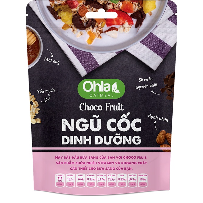 Bộ đôi năng lượng Choco gồm 1 túi Ngũ Cốc Dinh Dưỡng Choco Fruit 180gr và 1 túi Trái Cây Sấy Mix Hạt Choco Frunut 100gr