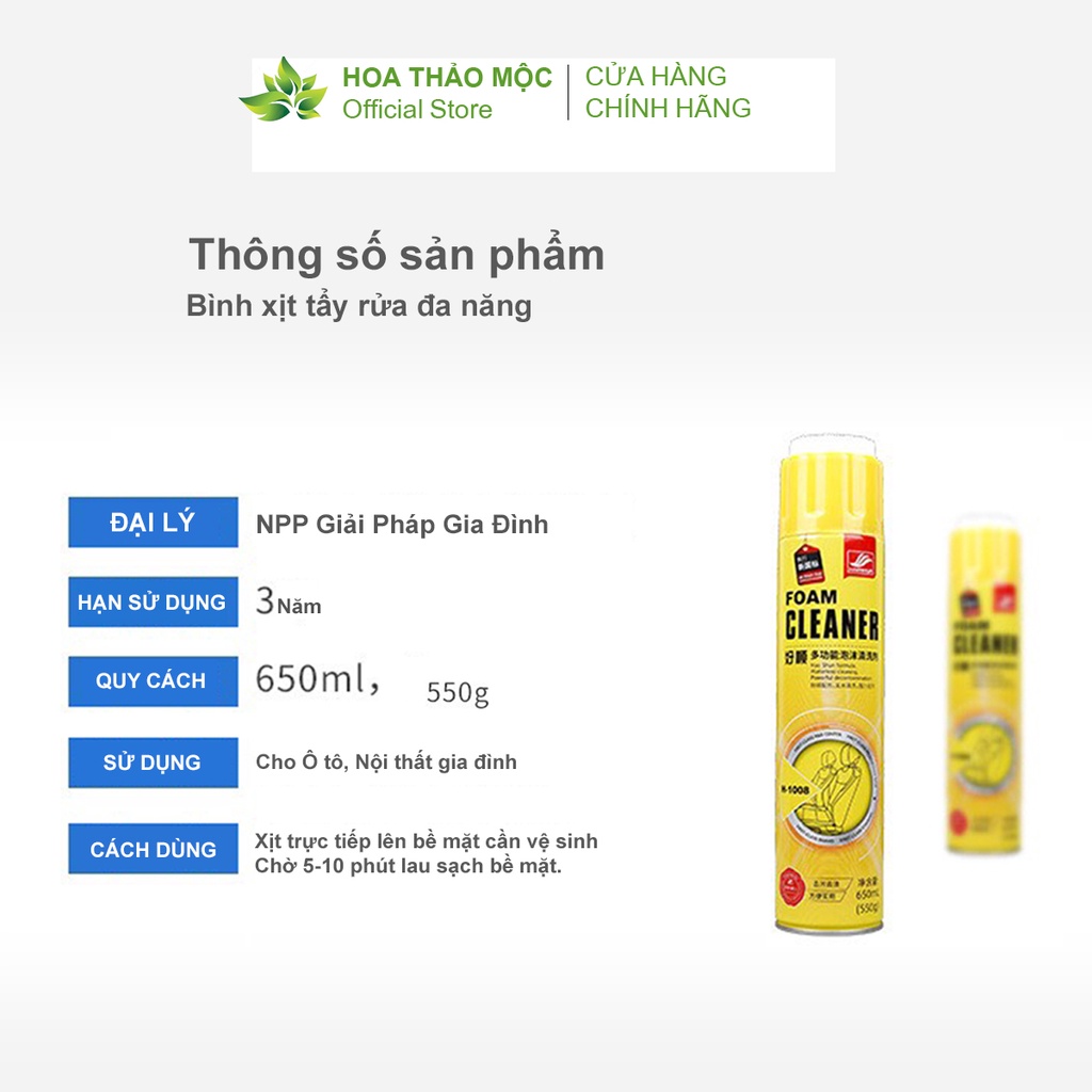 Chai Xịt Tẩy Rửa Đa Năng, vệ sinh ô tô, ghế da, vải, nỉ, bếp, giày dép, tường, inox