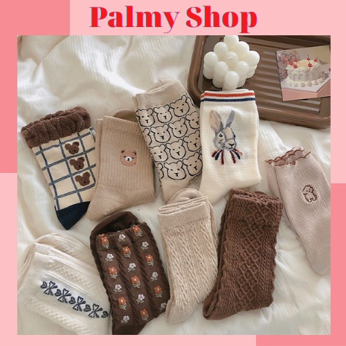 Set 8 đôi Tất cao cổ nữ co giãn 4 chiều, vớ nữ phong cách Vintage Hàn Quốc - Palmy Shop