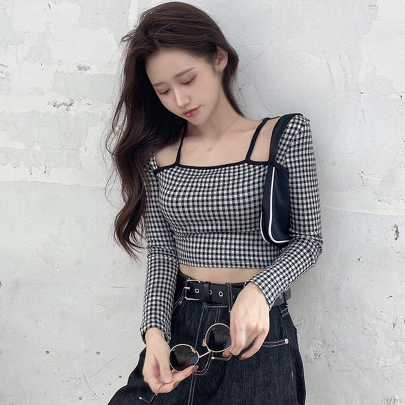 Áo Lửng Tay Dài Trễ Vai Họa Tiết Ca Rô Gợi Cảm Cho Nữ | BigBuy360 - bigbuy360.vn