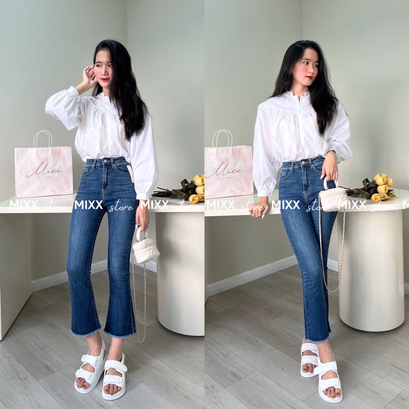 Quần Jean nữ ống loe lai tua MANGO dáng lưng cao chất jean co giãn thoải mái phom 9 tấc thời trang