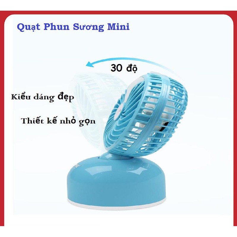 (Video sp) Quạt Phun Sương Mini Để Bàn Cổng USB Pin Sạc Dùng 4-5 Tiếng Xoay 30 Độ Hai Màu Xanh Hồng - BH 6 Tháng