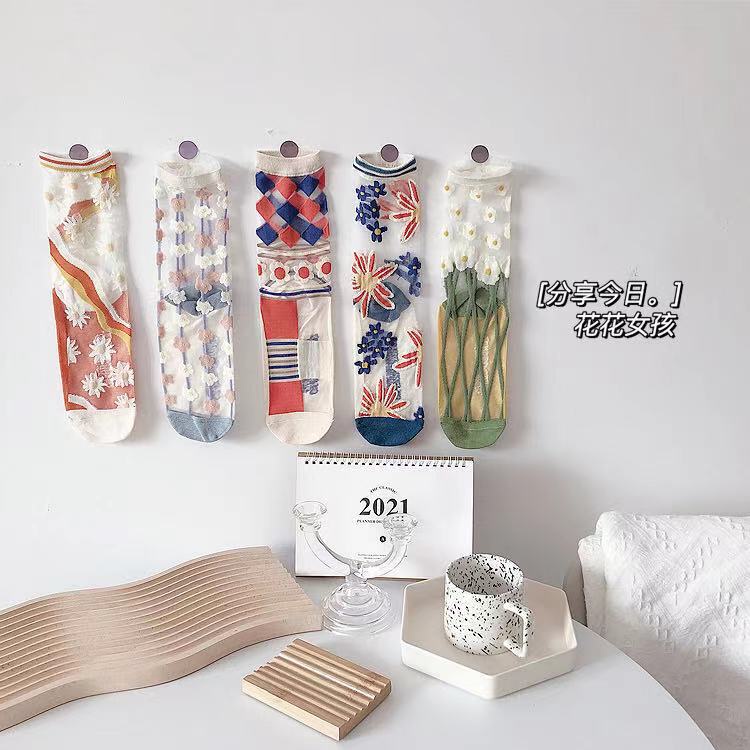 WAFNHA D419 Vớ Nữ Trong Suốt Họa Tiết Hoa Lãng Mạn