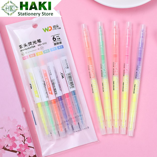 Bút highlight pastel dạ quang 2 đầu HAKI, bút đánh dấu nhớ dòng cute nhiều màu marker dễ thương B09