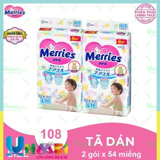 Combo 2 Tã/bĩm dán Merries size L - 54 miếng (Cho bé dưới 9-14 kg)
