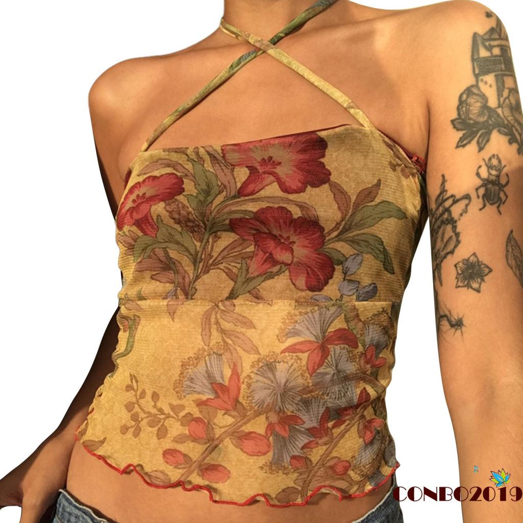 Áo Sát Nách Phối Lưới In Hoa Thời Trang Mùa Hè Quyến Rũ Cho Nữ