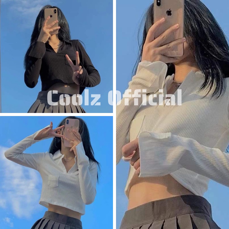 Áo croptop nữ cổ polo túi ngực ôm body chất liệu bozip dễ phối đồ, cá tính 2 màu đen trắng