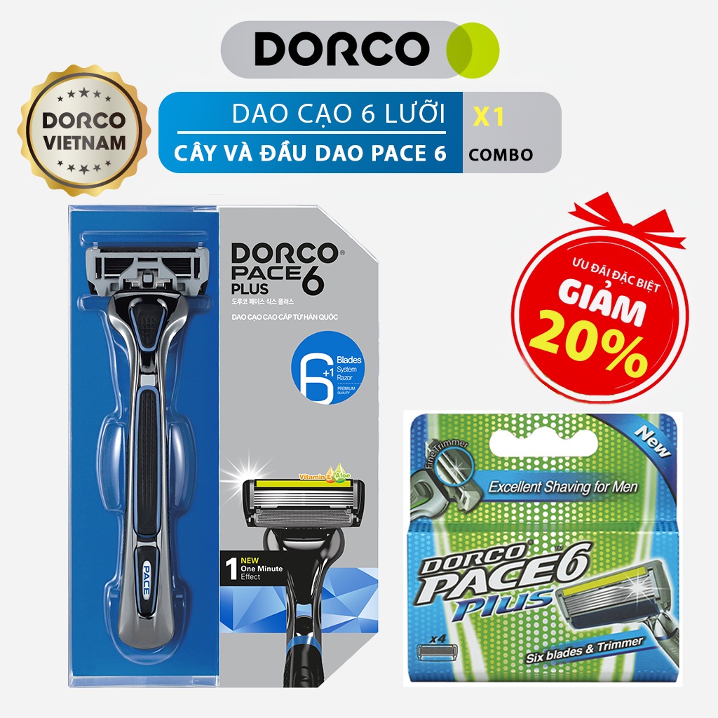 Bộ Dao cạo râu 6 lưỡi và Vỉ 04 đầu cạo râu 6 lưỡi DORCO PACE 6 Plus