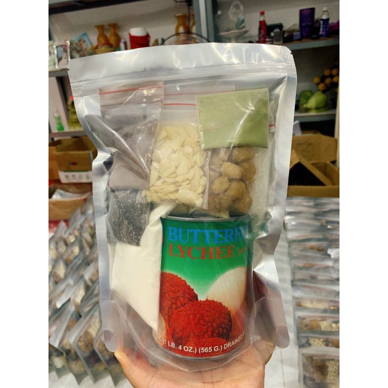 Set nguyên liệu nấu chè khúc bạch có kèm lon vải siêu to