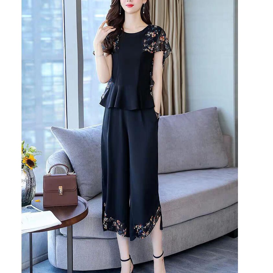 Set Bộ Phối Voan Hoa - Bộ Quần Lửng Xô Lụa Gấu Hoa Áo Tay Ngắn Cánh Tiên Cổ Tròn Quảng Châu Cao Cấp