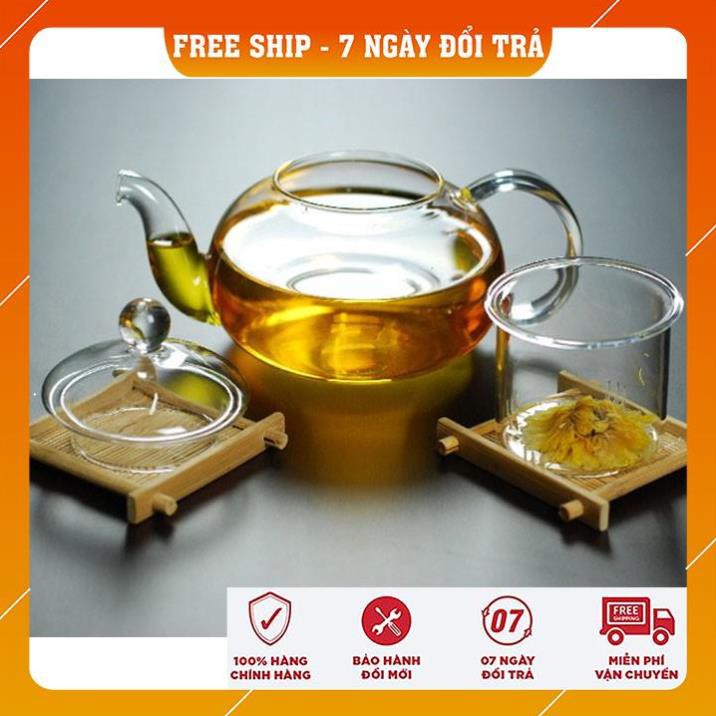 [FREESHIP] Bộ ấm trà thủy tinh 6 chén kèm đế nến châm trà chịu nhiệt dung tích 600ml sử dụng được cả đèn cồn và cốc nến